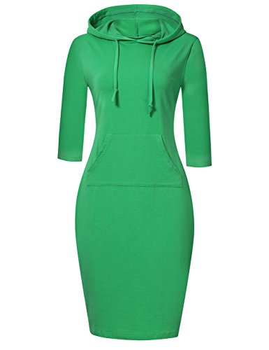 MISSKY Women 3 4 Sleeve Pocket Slim Green Sweatshirt Pullover Hoodie Dress (L,Green)