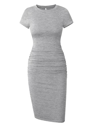 Missufe Women's Ruched Casual Sundress Knee Length Bodycon Sheath Dress (Gray, Medium)