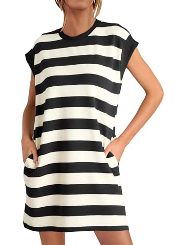 MITILLY Womens Striped Casual Summer Dresses Crewneck Cap Sleeve Color Block Shift Tshirt Short Dress with Pockets Medium Black