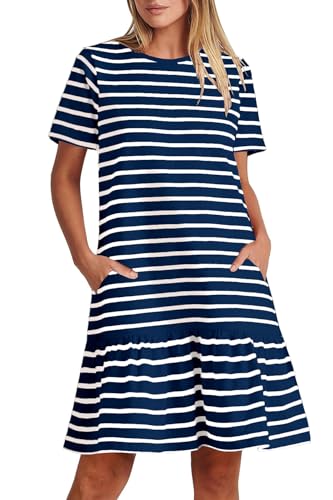 MITILLY Womens Striped Dresses Summer Casual Short Sleeve Flowy Beach T Shirt Dress with Pockets Medium Dark Blue