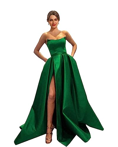 MllesReve Womens Long Strapless Satin Prom Dresses 2024 Sleeveless Slit Evening Ball Gown with Pockets Emerald Green Size 6