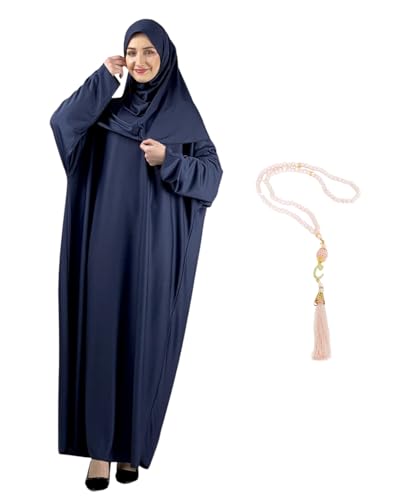 Modish Group Women Prayer Clothes with Hijab Muslim Outfits Long Robe Abaya Turkish Islamic Dresses Dubai Kaftan with Rosary (Navy Blue, One Size)