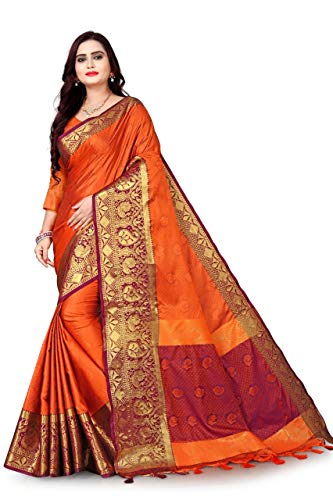 MOHIT CREATIONS Traditional Pure Cotton Silk Saree With Unstitched Blouse (Orange)