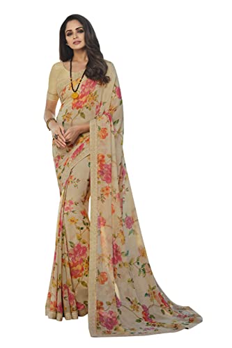 MOHIT CREATIONS Women's Partywear Georgette Floral Printed Saree || Indian Traditional Saree with Unstitched Blouse Piece (Cream)