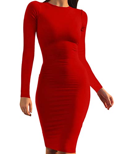 Mokoru Women's Casual Basic Pencil Dress Sexy Long Sleeve Bodycon Midi Club Dress, X-Large, Red