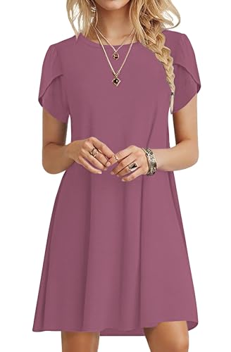 MOLERANI Women Casual Plain Simple Dress T-Shirt Petal Sleeve Loose Dress,Mauve,S