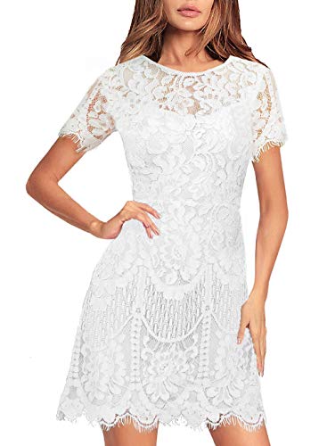 MSLG White Lace Dresses for Women Elegant Round Neck V-Back Wedding Guest Floral Lace Cocktail Party Dress 910 (White, L)