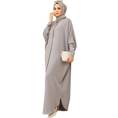 Muslim Dresses for Women Abaya Button Down Henley Shirt Prayer Dress Batwing Long Sleeve Middle East Arabian Robe Dubai Islamic Ladies Conservative Floor Length Kaftan for Ramadan Party Gray One Size