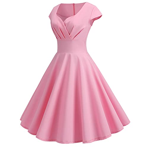 NaRHbrg Women's 1950S Vintage Dress Wrap V Neck Cap Sleeve Dress Retro Cocktail Party Swing Dresses A-Line Flared Midi Dress Daily Deals Wherehouses Deal Clearance Pink