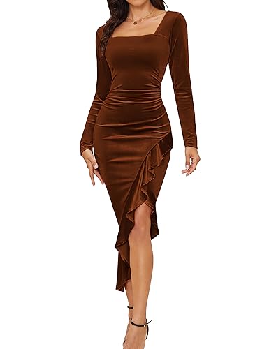 NASHALYLY Elegant Velvet Dress for Women,Sexy Long Sleeve Bodycon Mermaid Dress Ruched Cocktail Party Wedding Square Neck(Brown,M)