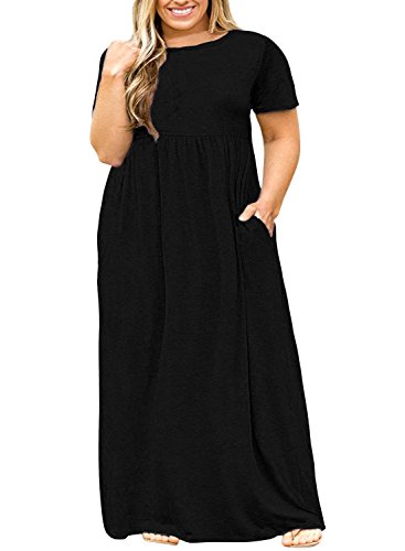 Nemidor Women Short Sleeve Loose Plain Casual Plus Size Long Maxi Dress with Pockets (20,Black)