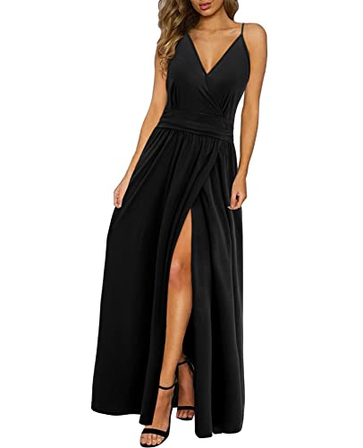 Newshows Dresses for Women 2024 Spring Maxi Dress Casual Bohemian Plus Size Spaghetti Strap Split Beach Outfits Long Business Work Sundress Trendy(Black, XXL)