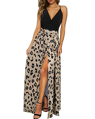 Newshows Womens' Maxi Dress Summer 2024 Wedding Guest Spaghetti Strap Spring Fashion Teacher Work Long Dresses Business Casual Outfits Trendy(Leopard 01,L)