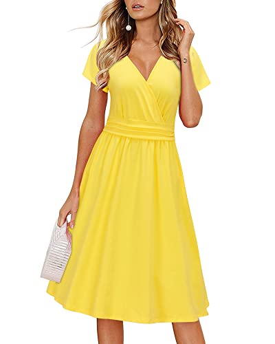 Newshows Yellow Dress Women 2024 Summer Spring Short Sleeve V-Neck Faux Wrap Sun Dress Casual Beach Midi Dresses with Pockets(Yellow,Large)