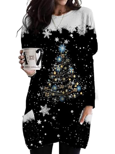 NOVEPT Womens Merry Christmas Shirt Dress, Xmas Tree Truck Sweatshirt Outfits Tops for Women (Black-Tree, 2XL)