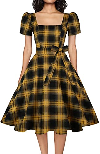 OBBUE Women's Square Neck Dress Vintage 1950s Cocktail Party Dress with Puff Sleeves Black Yellow Plaid S