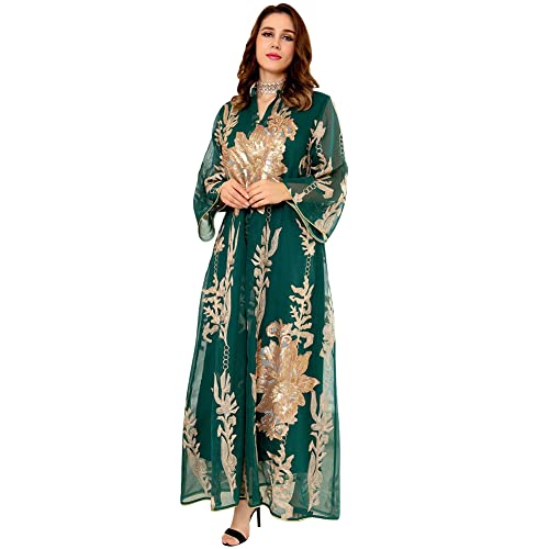 OBEEII Abayas for Women Muslim Abaya Long Sleeve Maxi Dress Loose Full Cover Islamic Dubai Robe Kaftan Abayas Green Medium