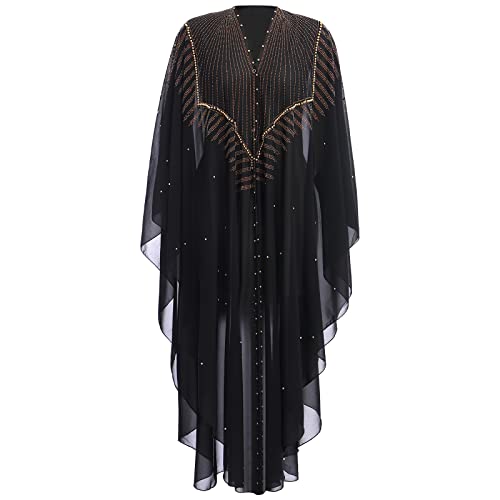 OBEEII Muslim Dress for Women Full Cover Long Sleeve Beaded Embroidery Islamic Arab Maxi Dress with Hijab Abaya Kaftan Clothes Black05 One Size