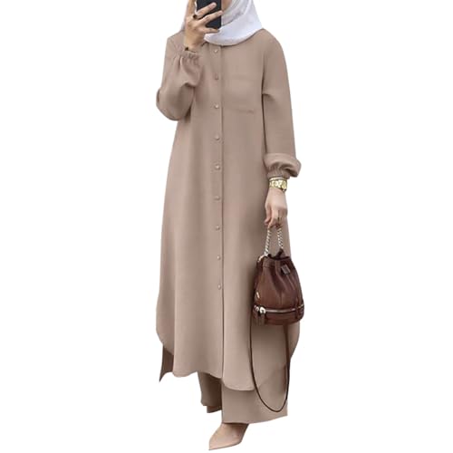 ODIZLI Plus Size Muslim Dress for Women Kaftan Abayas Dubai Prayer Dress Eid Outfits for Women with Pants Ethnic Shirts Dress for Women Islamic Eid Ramadan Abaya Dress for Women Dubai Khaki S