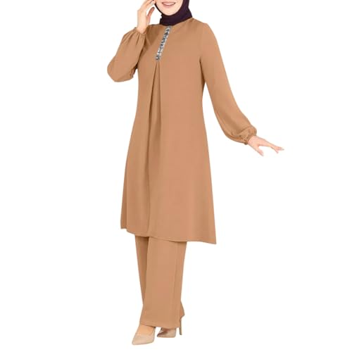 ODIZLI Women's Muslim 2 Pieces Sets Long Sleeve Top Dress and Pants Dubai Abaya Outfits Long Abaya for Women Eid Ramadan Church Prayer Dress for Islamic Arabic Dubai Modest Clothes Khaki b XL