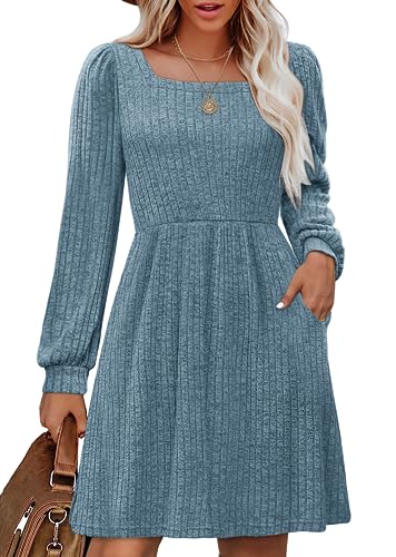 OFEEFAN Blue Knee Length Dress Women Holiday Elastic Waist Dresses for Women 2024 L