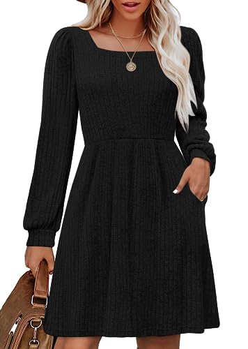 OFEEFAN Funeral Square Neck Dress for Women Black Elastic Waist Dresses for Women L