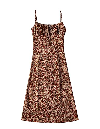 Omoone Women's Floral Dress Low-Cut Square Neck Spaghetti Strap Tie Bodycorn Dresses (01 Yellow, X-Small)