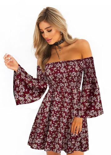 ONEYIM Women's Dress Summer Floral Long Sleeve Off Shoulder Casual Mini Dresses(Maroon,L)