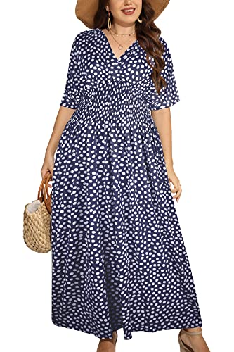 OSTOO Women's Plus Size Hawaii Empire Waist Bat Short Sleeve Casual Floral Print Boho Maxi Dress（Navy,XXL