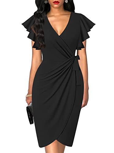 oten Women's Classic Ruffle Sleeve V-Neck Tie Belt Wrap Bodycon Office Cocktail Party Nightout Dresses Black Medium