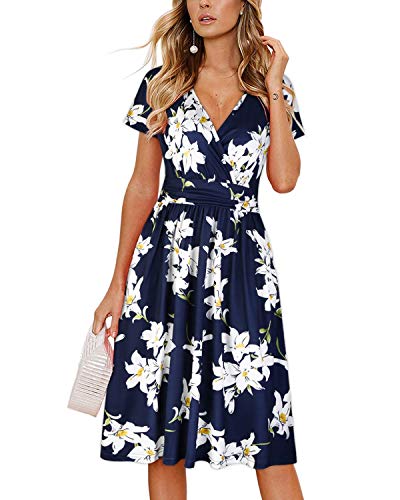 OUGES Women's Summer Short Sleeve V-Neck Pattern Knee Length Dress with Pockets Casual Summer Dress Sundresses for Women 2024(floral01,L)