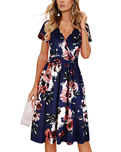 OUGES Women's Summer Short Sleeve V-Neck Pattern Knee Length Dress with Pockets Summer Dress 2024(Floral02,XXL)