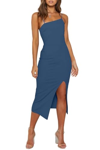 OWIN Women's Adjustable Spaghetti Straps Sleeveless High Waist Split Midi Bodycon Cocktail Party Dress Grey Blue