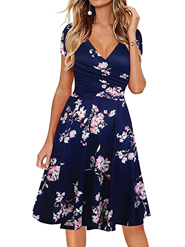 oxiuly Women's Casual Dresses Criss-Cross V-Neck Floral Flare Midi Summer Dress OX233 (M, NB PinkF)