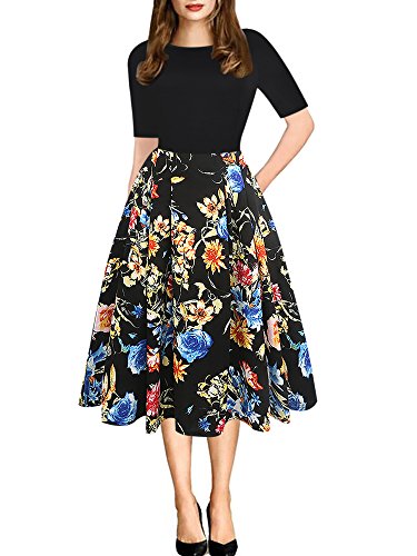 oxiuly Women's Vintage Patchwork Pockets Puffy Swing Casual Party Dress OX165 (Black Floral, l)