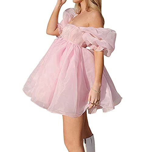 Pejihota Womens Off-Shoulder Ruffled Fluffy Short-Sleeved Mesh Party Mini Princess Dress (S, Pink)