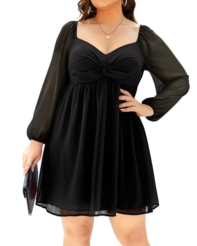 Plus Size Black Dress for Women Sweetheart Neckline Party Graduation Summer Long Sleeve Teens Swing Mini Skater Dresses