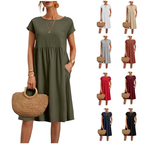 Plus Size Cotton Dresses for Women 2024 Summer Linen Casual Beach Midi Dress Short Sleeve Loose Flowy Sundress with Pockets Green