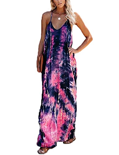 Poetsky Women's Tie Dye Maxi Dresses Strappy V Neck Long Sundress with Pockets (L, PAT3)