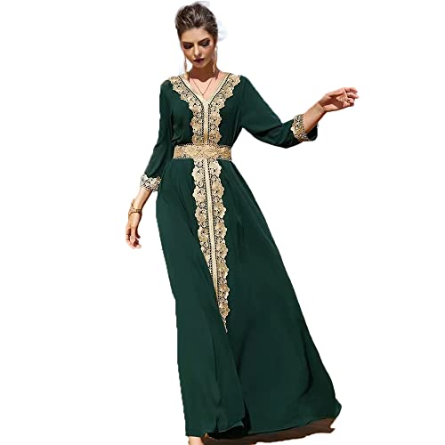 PolyJolly Gold Applique Abaya Dress for Women Dubai Saudi Jasper Moroccan Maxi Kaftan Dress L