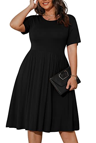 POSESHE Womens Plus Size Black Dresses Summer Short Sleeve Casual 2024 Round Neck Dress with Pockets,Black,2XL