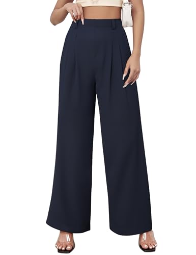 POTILI High Waisted Wide Leg Pants for Women Dress Pants Straight Leg Office Trousers with Pockets Business Casual Outfits Navy Blue