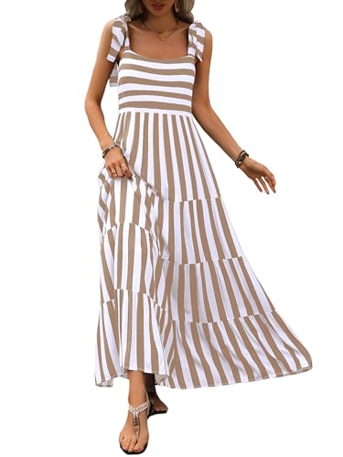 PRETTYGARDEN Women Dresses 2024 Summer Striped Sleeveless Maxi Dress Casual Spaghetti Strap Tiered Flowy Beach Long Dress(Striped Khaki,Medium)