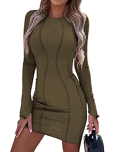 PRETTYGARDEN Womens 2024 Fall Bodycon Mini Dresses Casual Long Sleeve Solid Color Short Tight Ladies Party Club Fashion Dress (Army Green,Small)