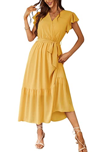 PRETTYGARDEN Women's 2024 Floral Boho Dress Wrap V Neck Short Sleeve Belted Ruffle Hem A-Line Flowy Maxi Dresses (Solid Yellow,Large)