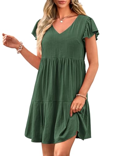 PRETTYGARDEN Women's 2024 Summer Casual Short Dress Cap Sleeve V Neck Tiered Ruffle Swing A Line Dresses (Green,X-Large)