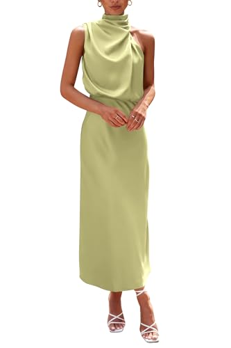 PRETTYGARDEN Women's 2024 Summer Satin Dress Elegant Sleeveless Mock Neck Cocktail Party Maxi Dresses (Tender Green,Small)