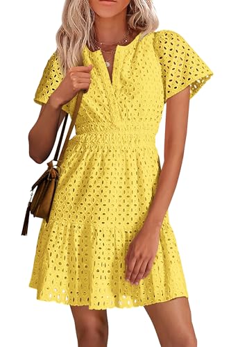 PRETTYGARDEN Womens 2024 Summer Short Dress V Neck Short Sleeve A Line Hollow Out Lace Ruffle Cute Casual Beach Party Dresses (Yellow,XX-Large)