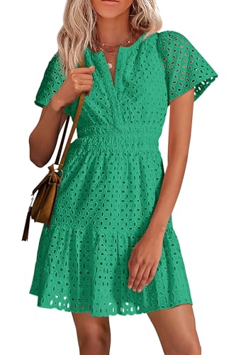 PRETTYGARDEN Womens 2024 Summer Short Dress V Neck Short Sleeve A Line Hollow Out Lace Ruffle Cute Casual Beach Party Dresses (Green,Medium)