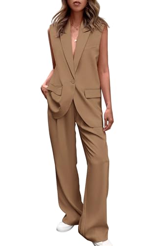 PRETTYGARDEN Women's 2 Piece Outfits Sleeveless Suit Vest and Wide Leg Pants Business Casual Blazer Sets (Khaki,Small)